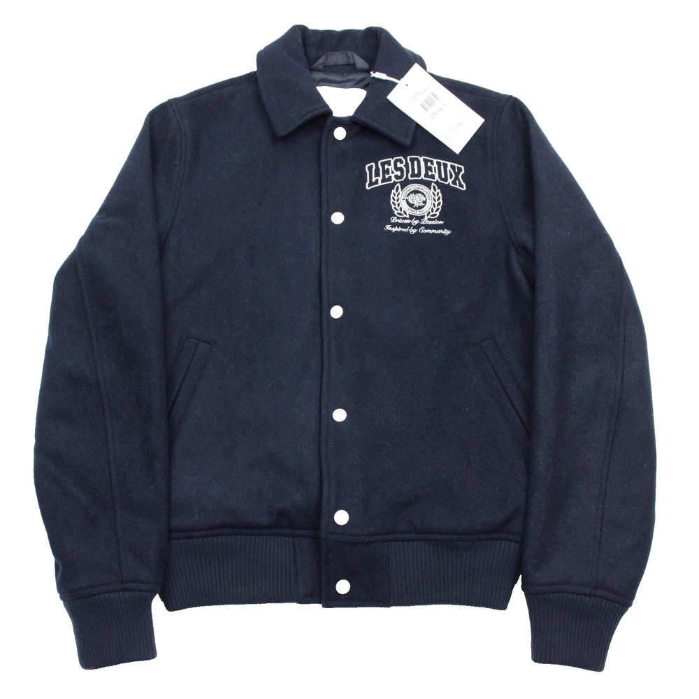 Les Deux Jacket Mens XS Dark Navy University Varsity Wool Bomber Snap Logo